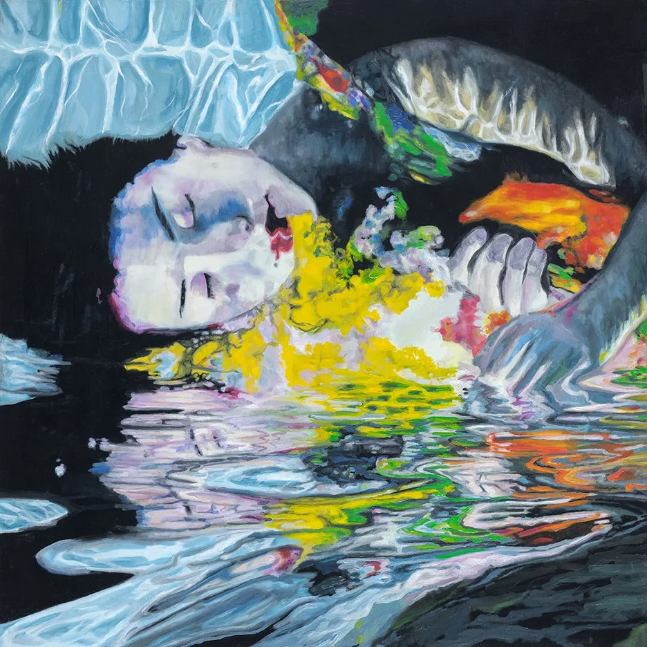 Peinture représentant une femme asiatique endormi avec des fleurs jaunes et un reflet dans l'eau.