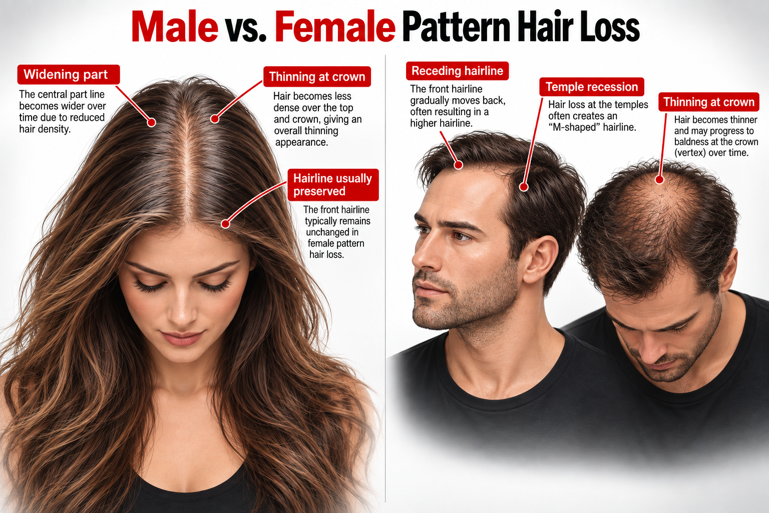 Male and female pattern hair loss showing frontal recession, crown thinning and widening of the central part.
