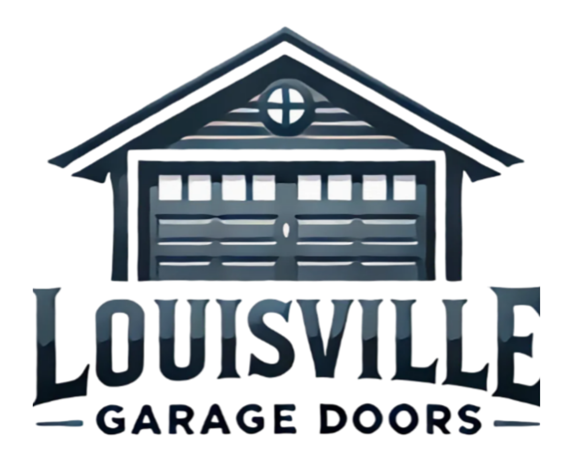 A logo featuring a stylized house with an overhanging roof and a centered circular window with cross beams, above a sign that says 'Louisville Garage Door'.