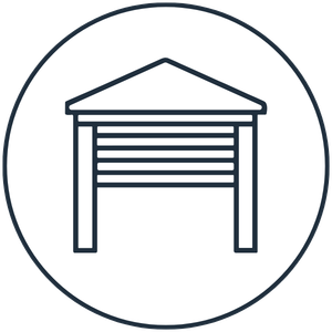 Line drawing of a garage door within a circular frame.