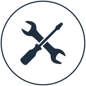 Icon with a wrench and screwdriver crossed over each other inside a circle.