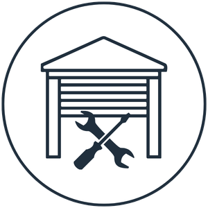 Garage door with crossed wrench and screwdriver symbol