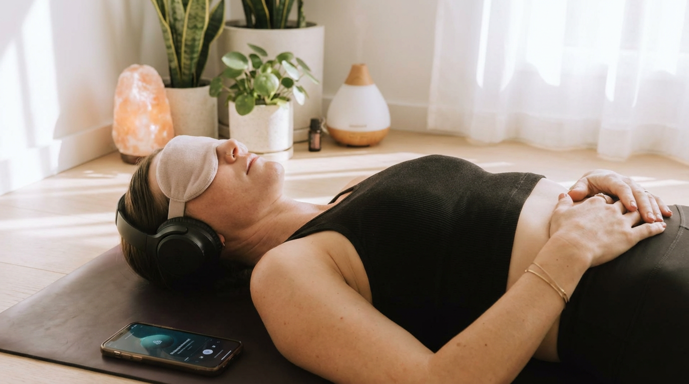 A woman lying on a yoga mat with her eyes covered and headphones on, surrounded by plants, a salt lamp, and an essential oil diffuser, with a smartphone nearby.