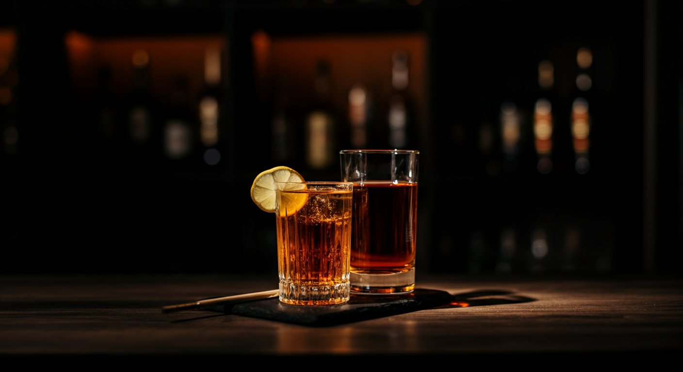 Two glasses of drinks on a dark bar counter, one garnished with a lemon slice, with blurred bottles in the background.