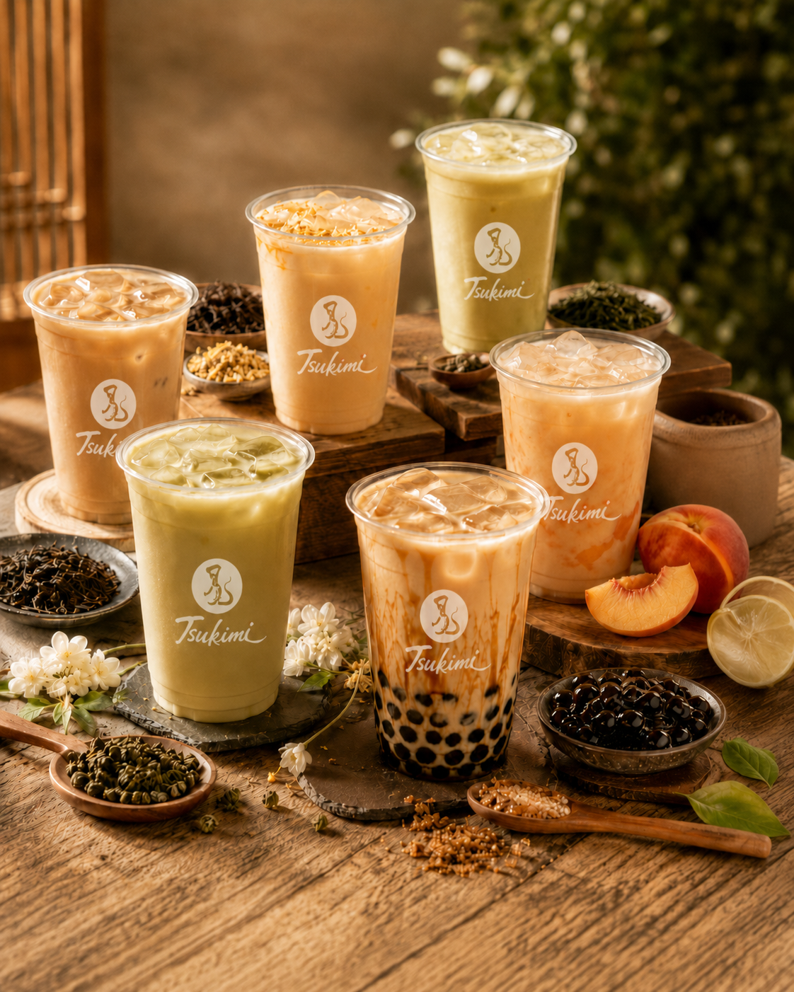 Tsukimi milk tea menu display with assorted iced milk teas, brown sugar boba, fruit tea, loose tea leaves, and fresh ingredients.