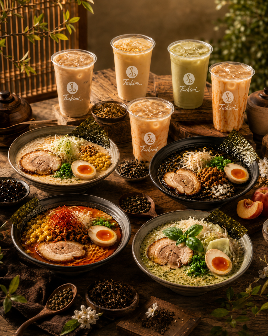 Tsukimi ramen and milk tea collection featuring signature chicken-tonkotsu ramen bowls, iced milk teas, brown sugar boba, fruit tea, and tea ingredients in a warm rustic display.