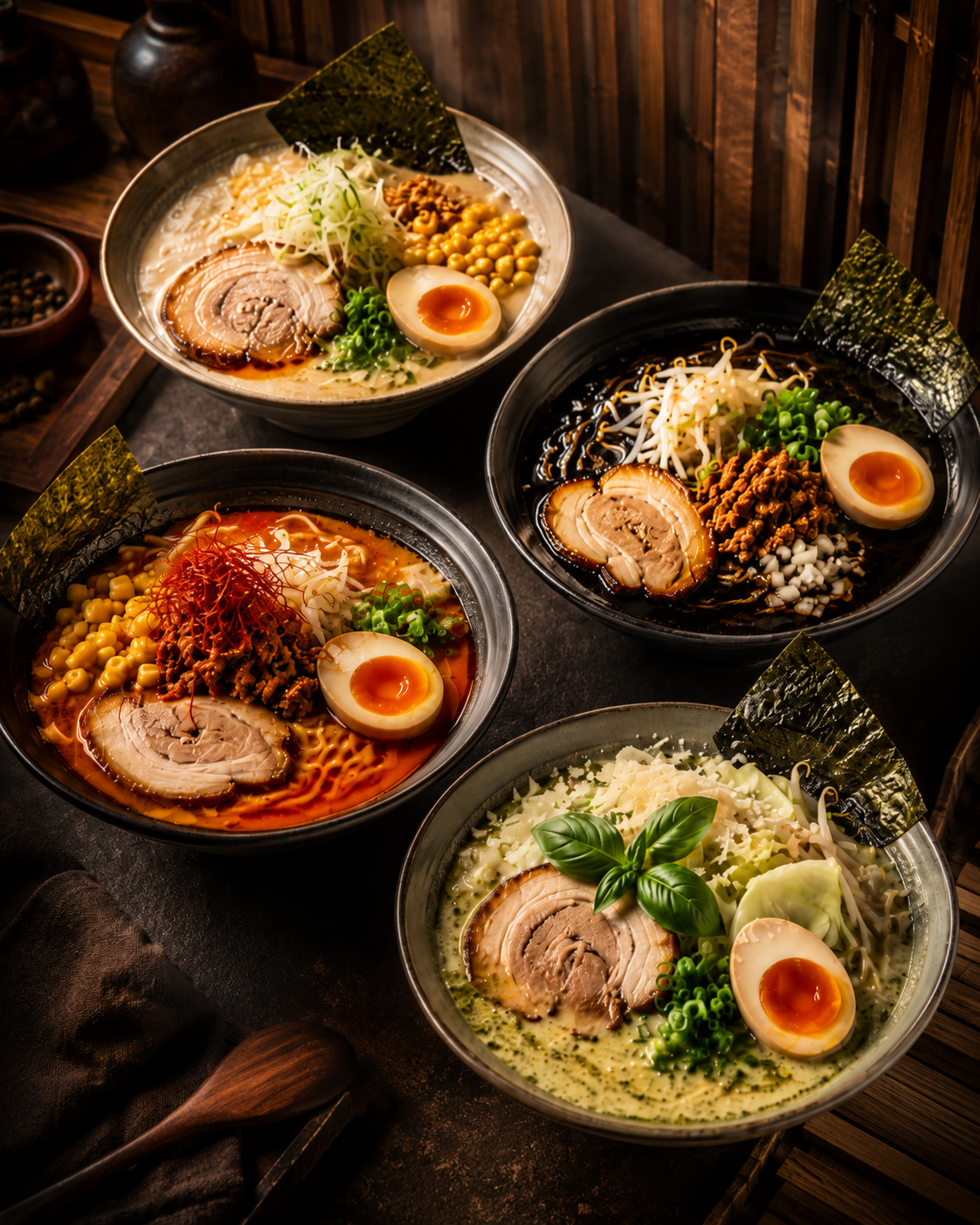 Four signature chicken-tonkotsu ramen bowls featuring classic creamy broth, black garlic oil, spicy red broth, and green pesto broth with chashu, soft-boiled egg, nori, scallions, corn, bean sprouts, and fresh toppings.