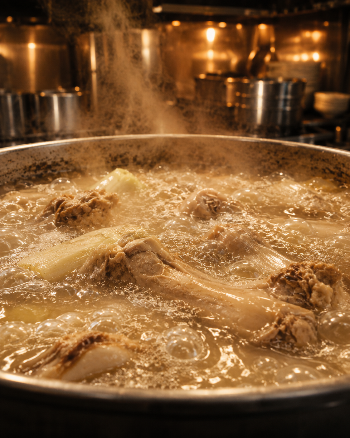 Tsukimi creamy chicken-tonkotsu ramen broth boiling in a large stock pot with bones, aromatics, bubbles, and rising steam in a professional kitchen.