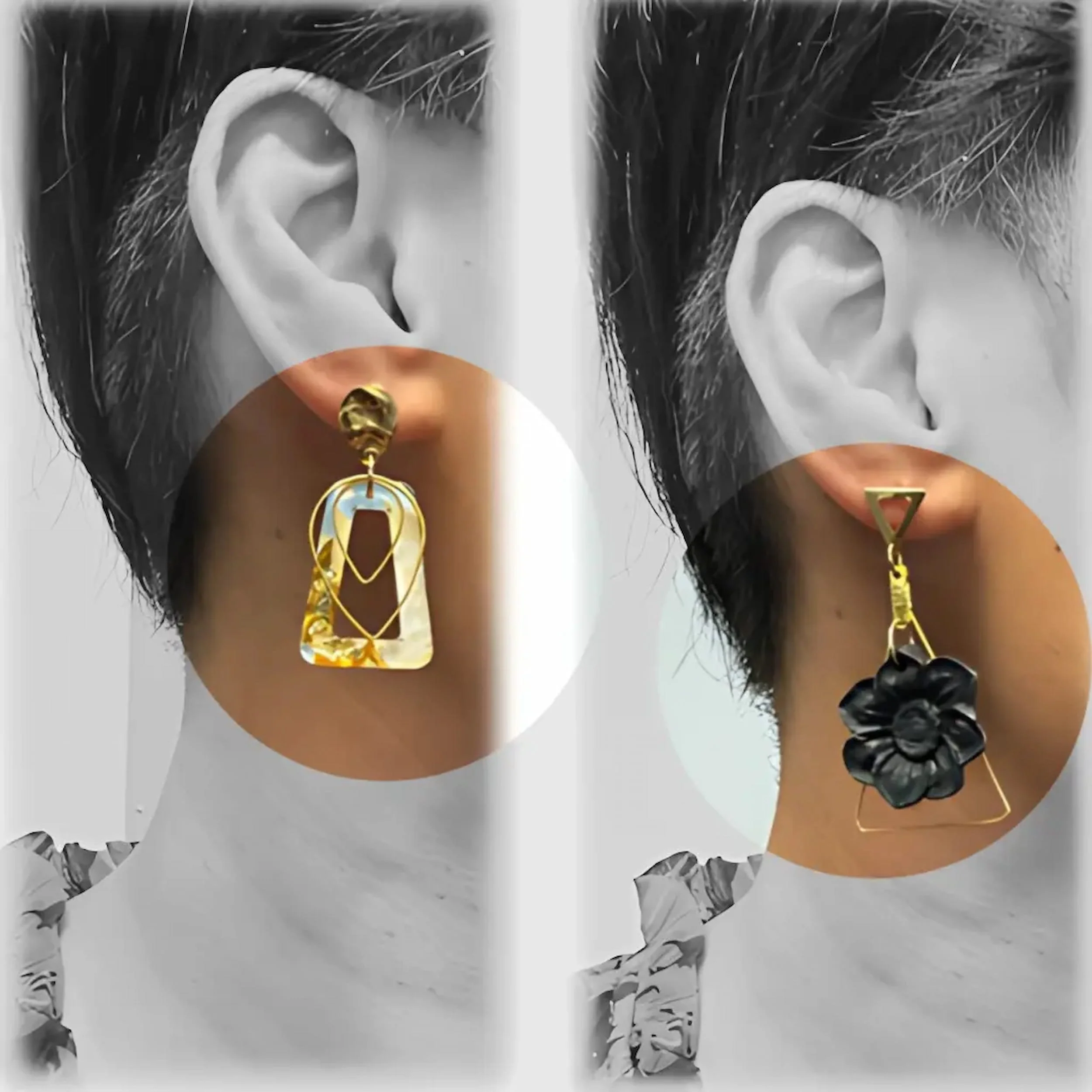 Close-up of a customers ear with two different earrings, one in each ear, with a black-and-white background - Earring that suit any occassion.