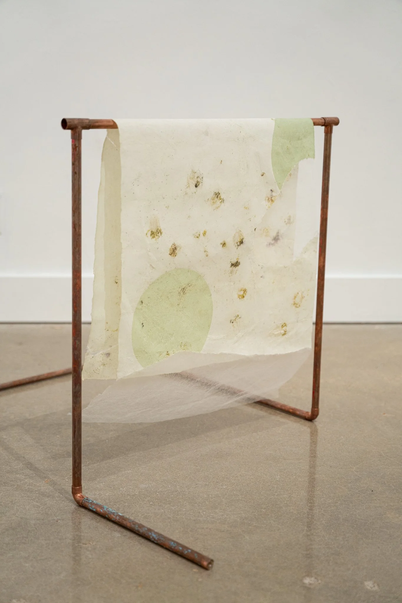 Path Carried by Time, 2025. Mulberry paper dyed with cochineal and indigo, monotype, hand stitching, tengucho paper repairs, copper structure · Main frame 4 ft × 6 ft; copper assembly extends to 11 ft