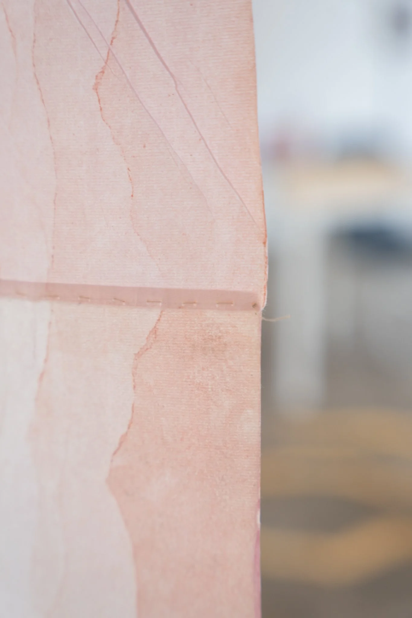 Trayecto I. Monotype and cochineal dye on rice paper, hand-stitched, 14” × 138”