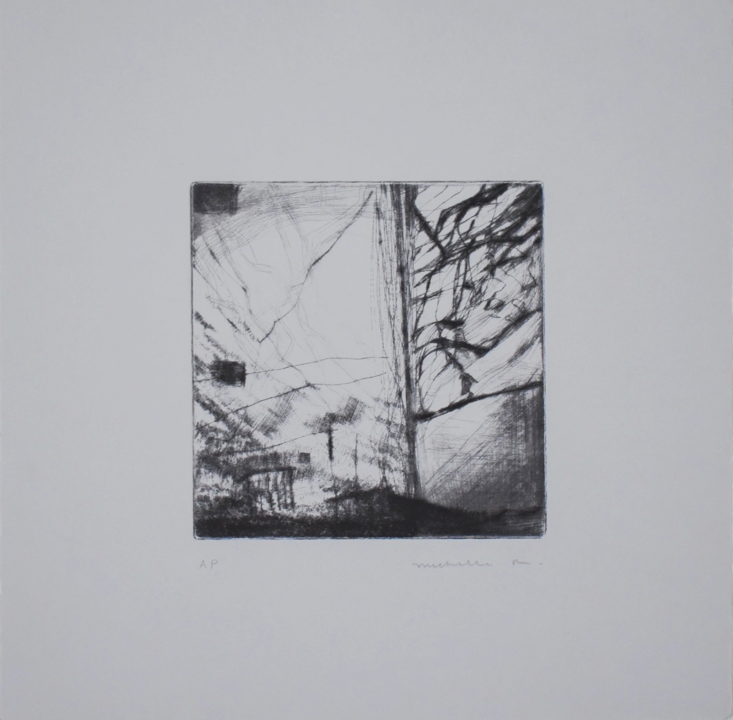 Walk, urban landscape, 2024. Drypoint 8" x 9"