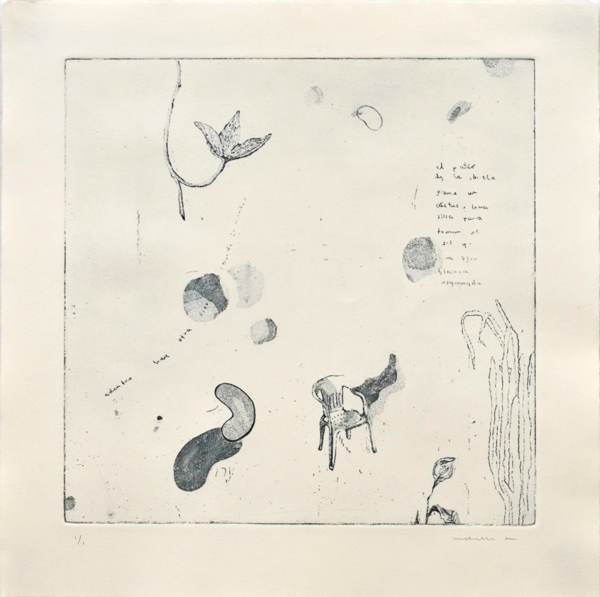 Adentro hay otra flor, no recuerdo su nombre, 2024. Aquatint etching on BFK Rives 250 g, 15” x 15"