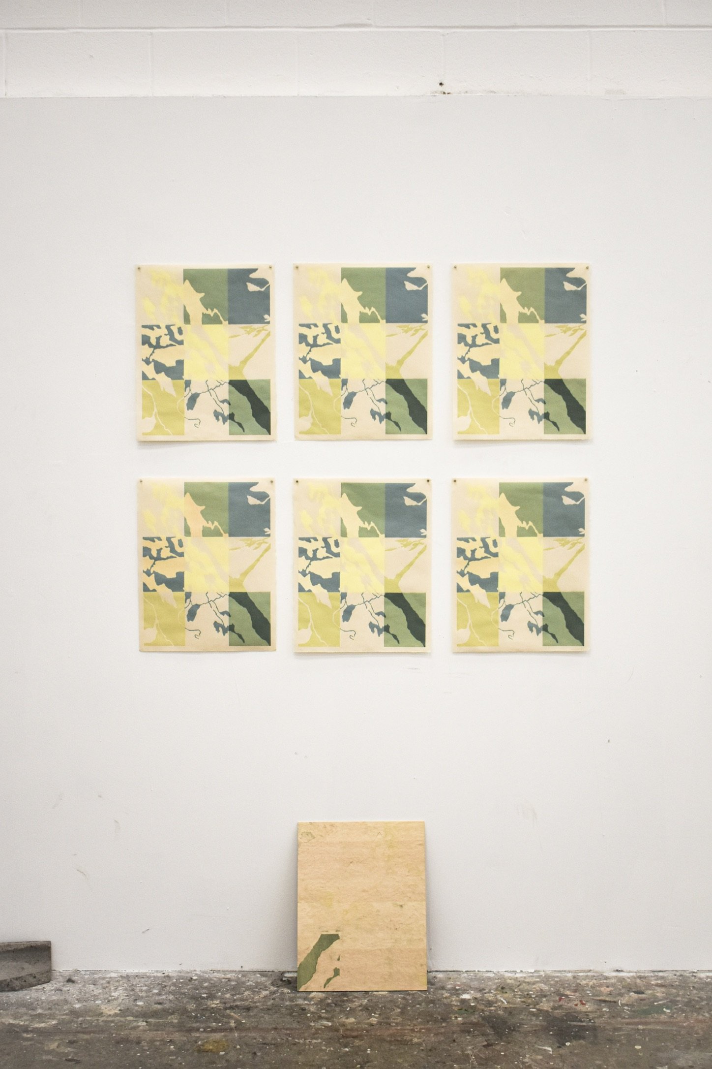 Mapping Absence
2025  ·  Reduction woodcut on Kitakata paper  ·  Installation, variable dimensions (each print 13” × 19”)