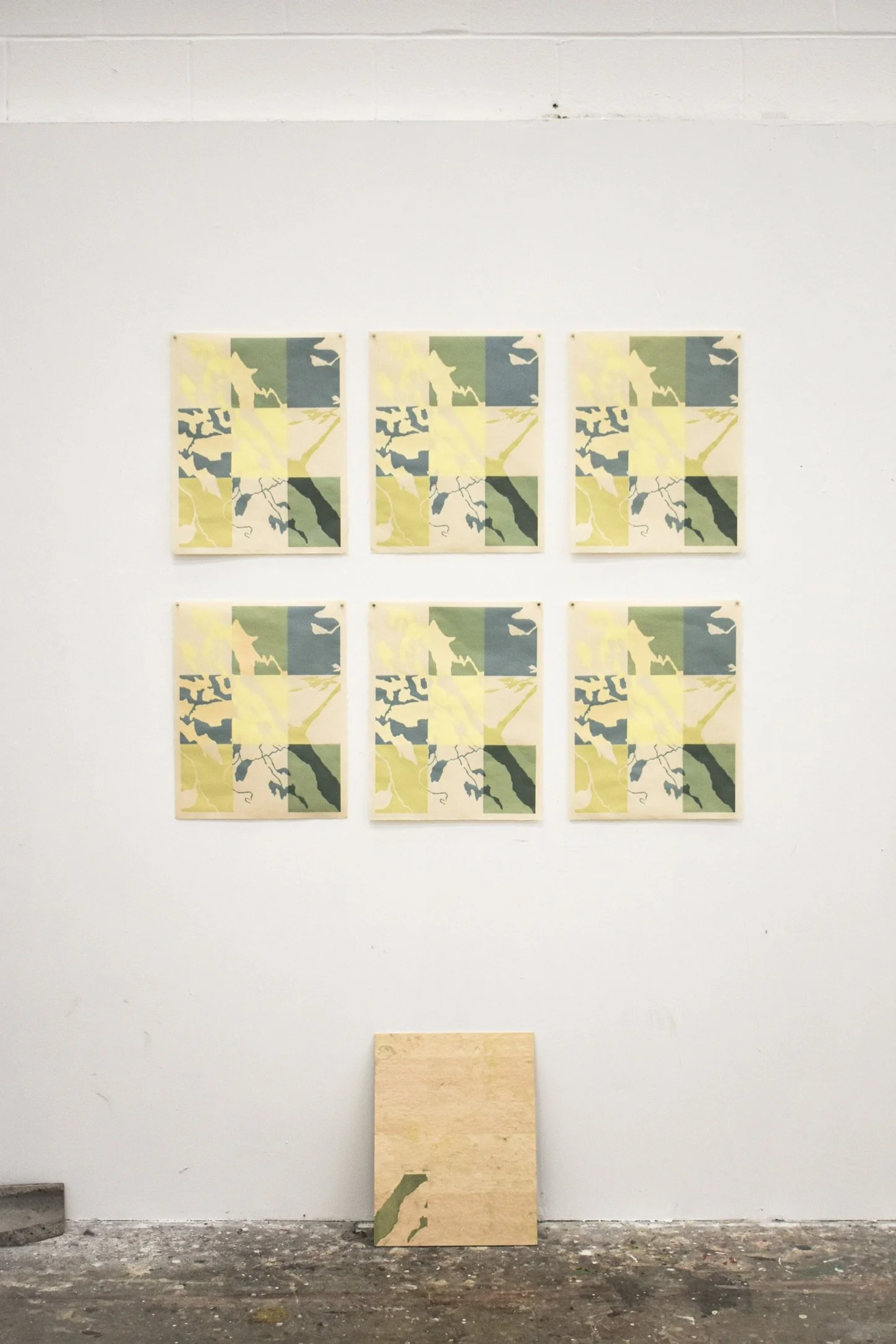 Mapping Absence, 2025. Reduction woodcut on Kitakata paper. Installation, variable dimensions (each print 13” × 19”)