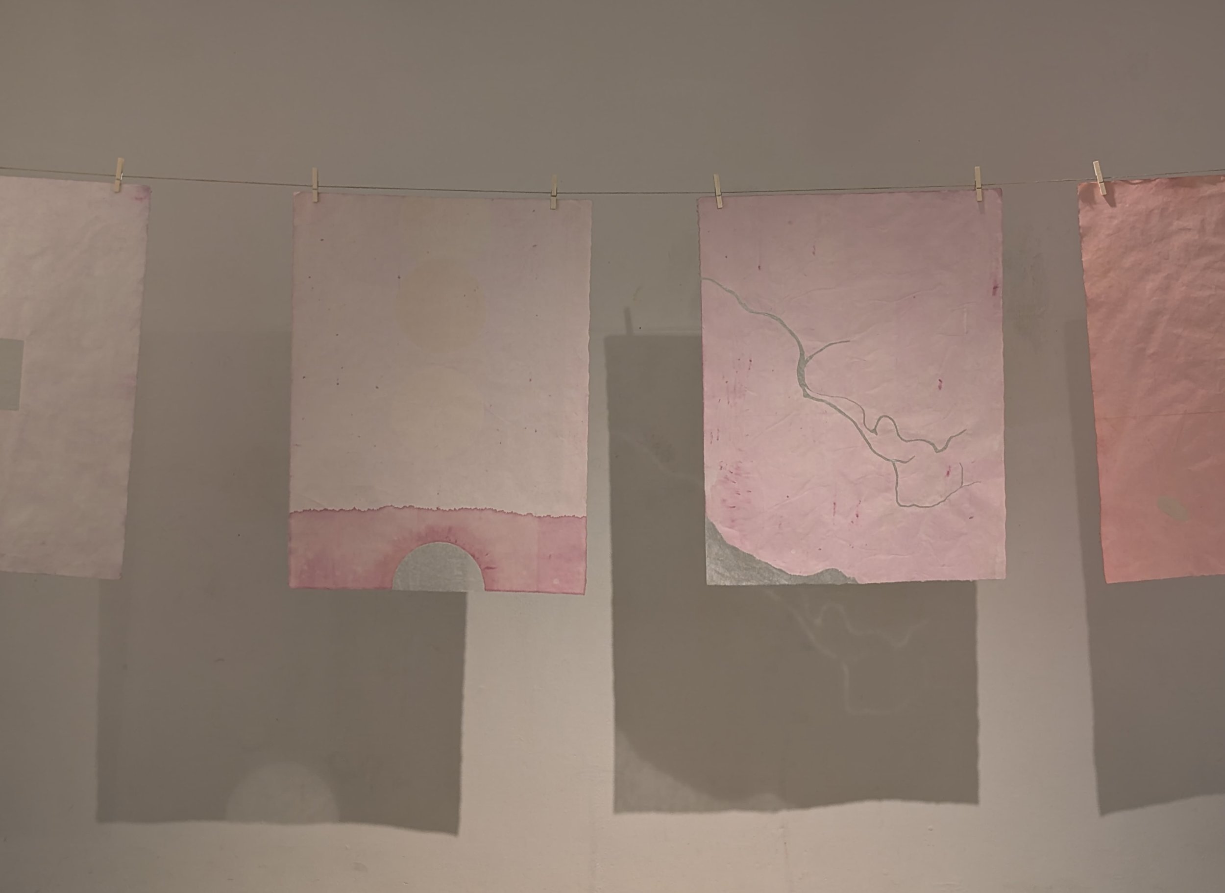 Home, 2025. Mulberry paper dyed with cochineal, monotype and tengucho paper repairs. 