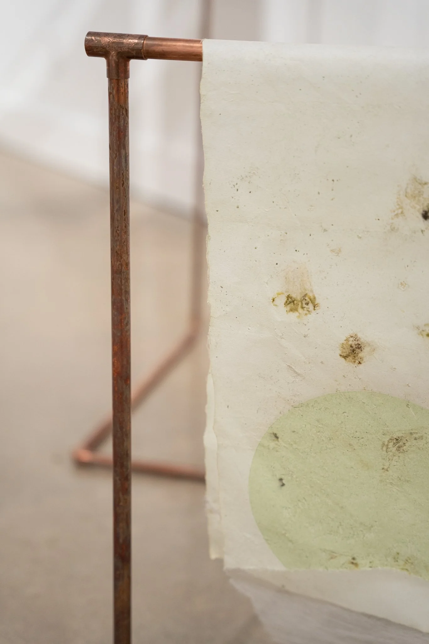 Path Carried by Time, 2025. Mulberry paper dyed with cochineal and indigo, monotype, hand stitching, tengucho paper repairs, copper structure · Main frame 4 ft × 6 ft; copper assembly extends to 11 ft