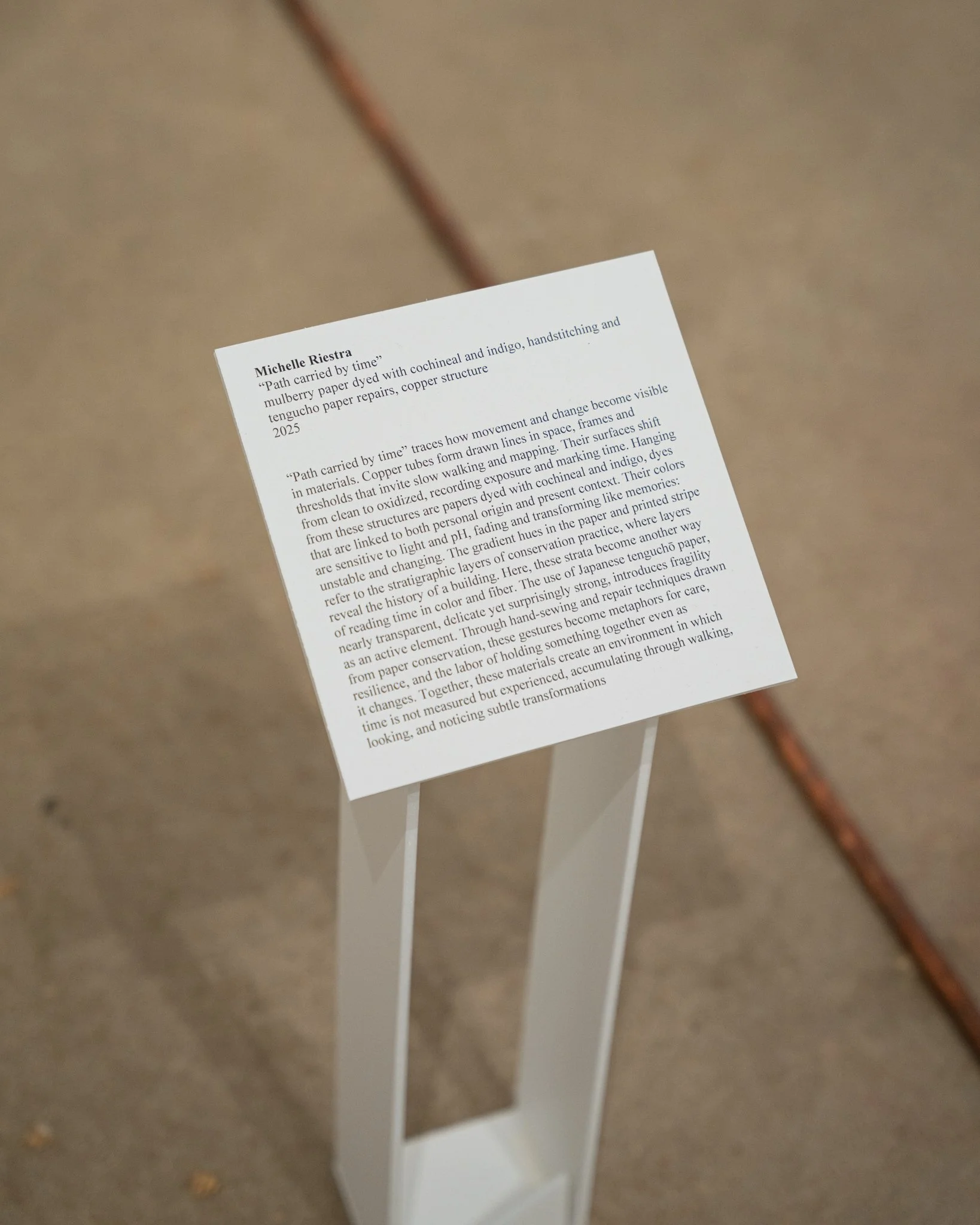 Path Carried by Time, 2025. Mulberry paper dyed with cochineal and indigo, monotype, hand stitching, tengucho paper repairs, copper structure · Main frame 4 ft × 6 ft; copper assembly extends to 11 ft