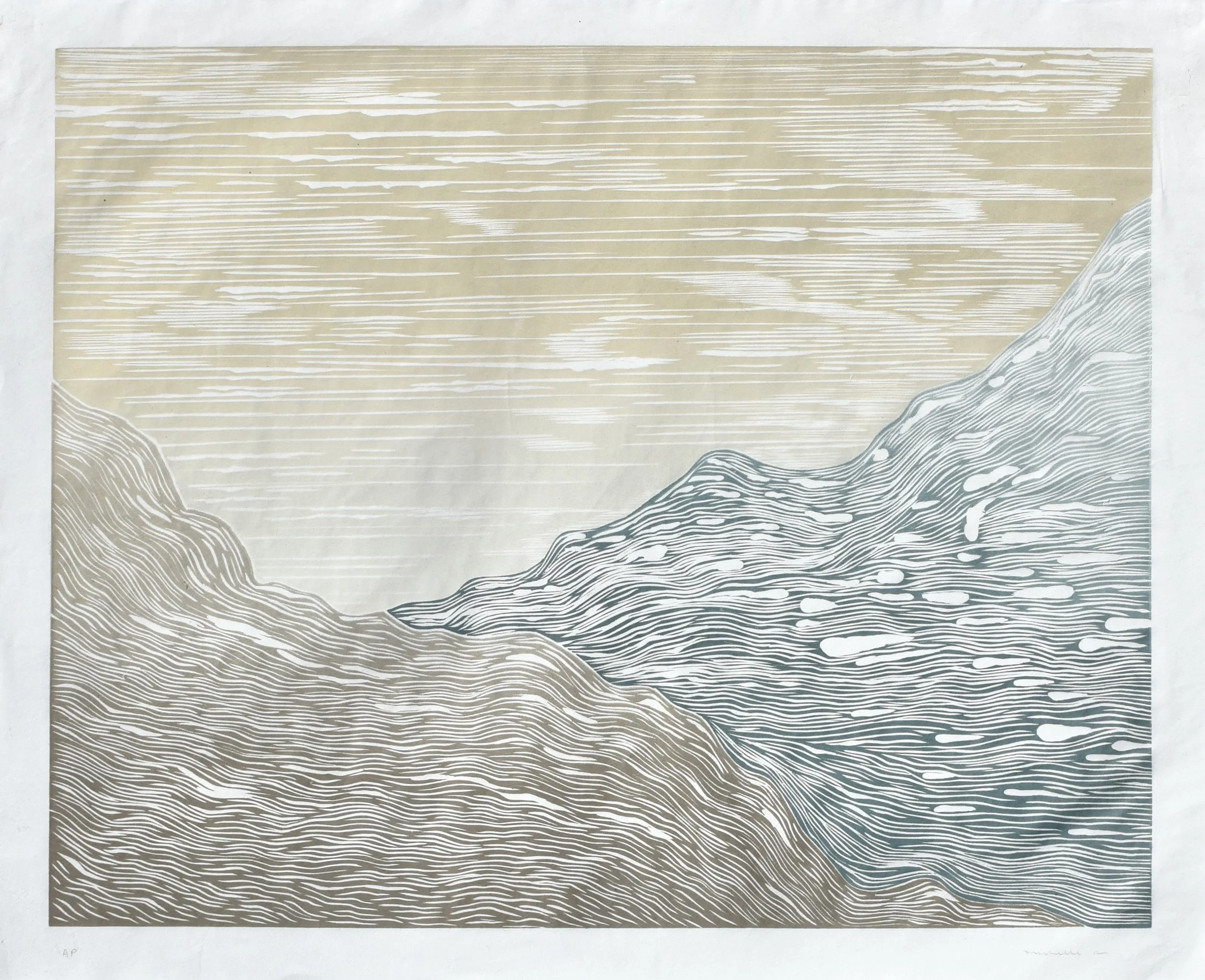 Passages, 2025. Woodcut on mulberry paper, 18" x 22", AP