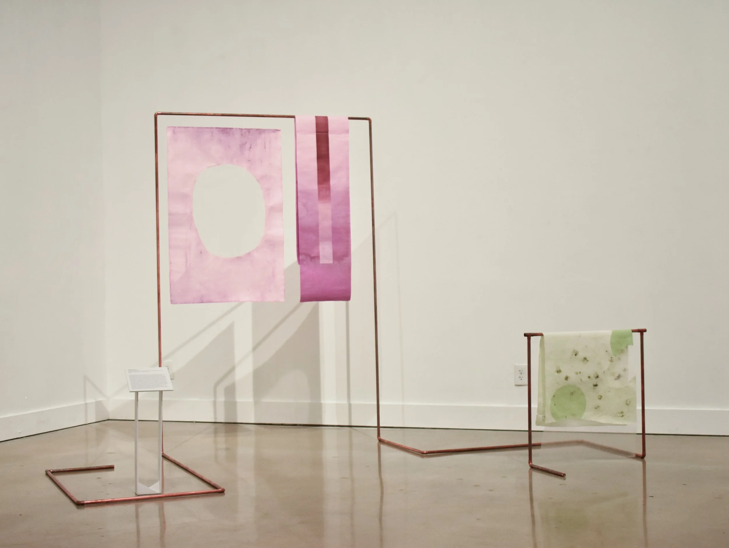 Path Carried by Time, 2025. Mulberry paper dyed with cochineal and indigo, monotype, hand stitching, tengucho paper repairs, copper structure  ·  Main frame 4 ft × 6 ft; copper assembly extends to 11 ft