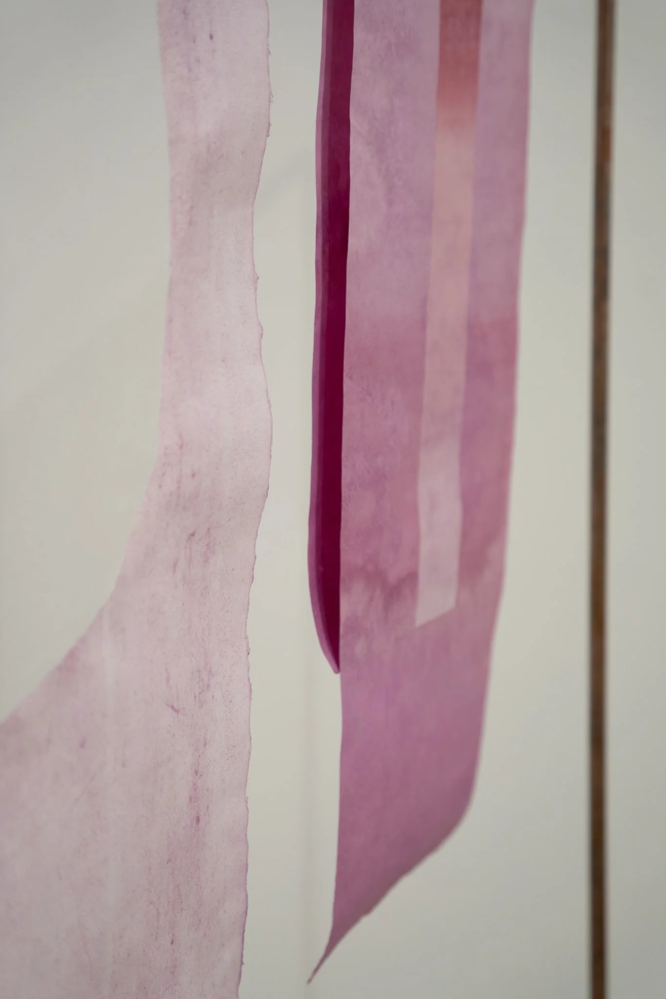 Path Carried by Time, 2025. Mulberry paper dyed with cochineal and indigo, monotype, hand stitching, tengucho paper repairs, copper structure · Main frame 4 ft × 6 ft; copper assembly extends to 11 ft