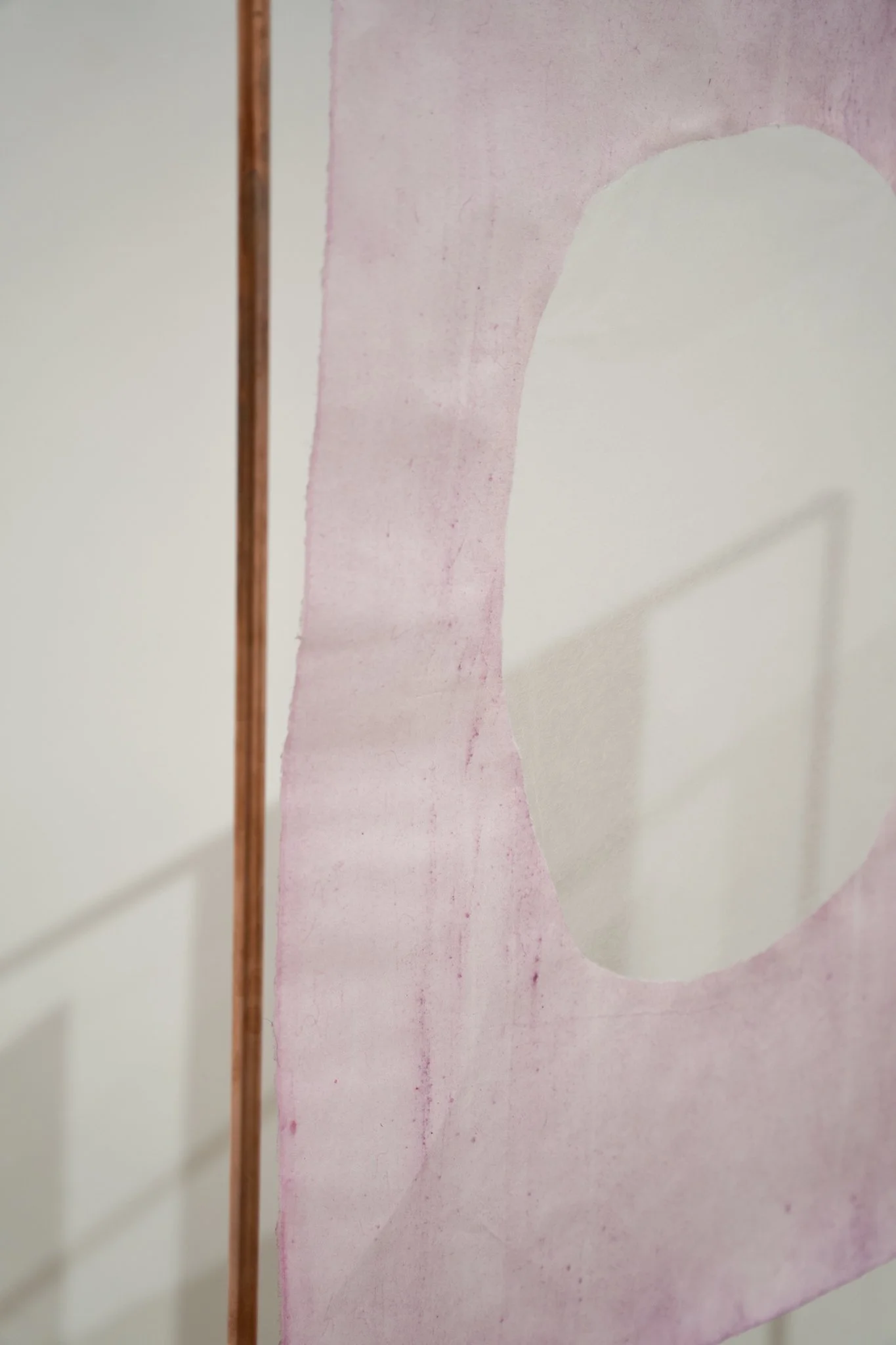 Path Carried by Time, 2025. Mulberry paper dyed with cochineal and indigo, monotype, hand stitching, tengucho paper repairs, copper structure · Main frame 4 ft × 6 ft; copper assembly extends to 11 ft
