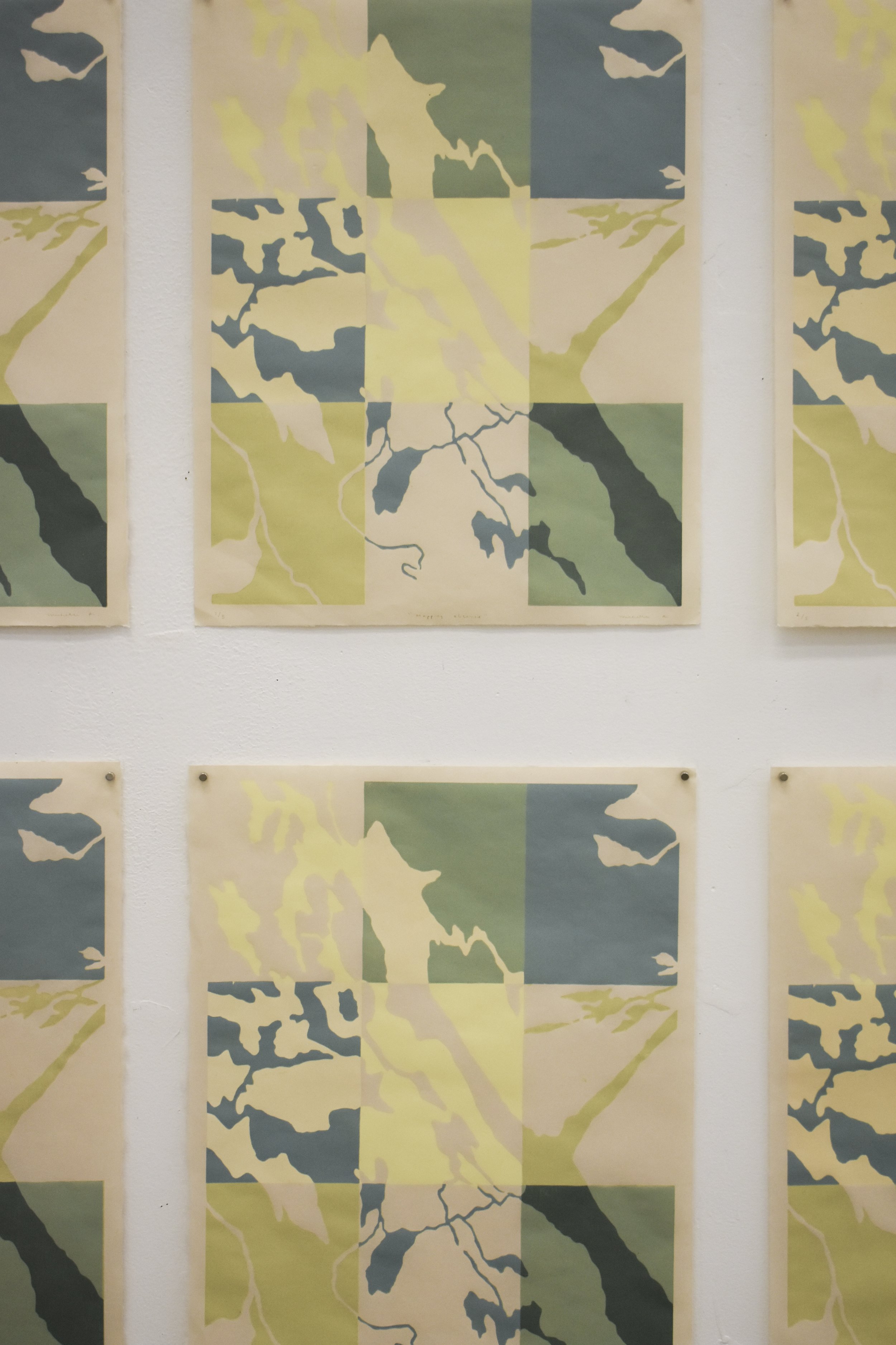 Mapping Absence
2025  ·  Reduction woodcut on Kitakata paper  ·  Installation, variable dimensions (each print 13” × 19”)