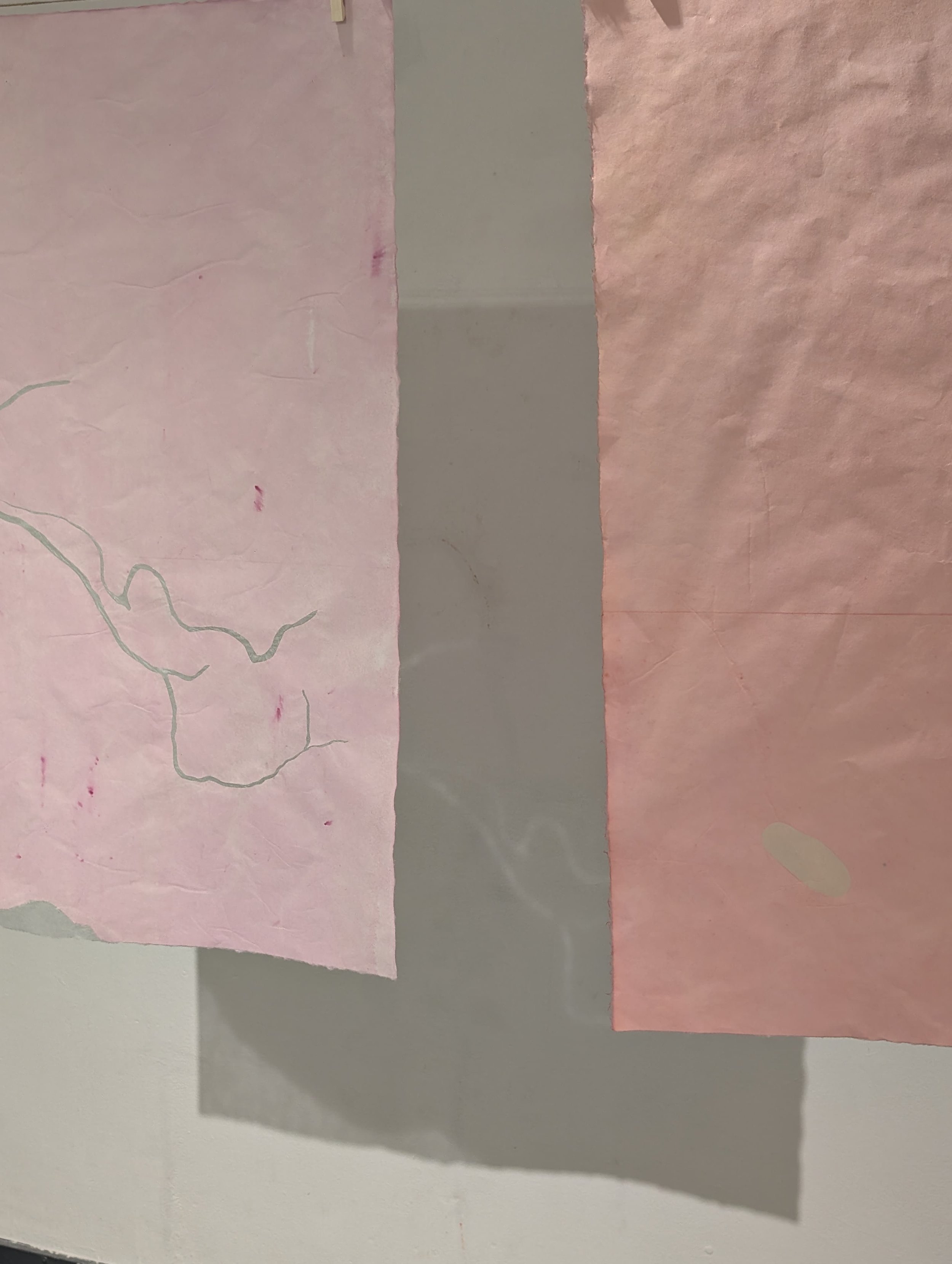 Home, 2025. Mulberry paper dyed with cochineal, monotype and tengucho paper repairs. 