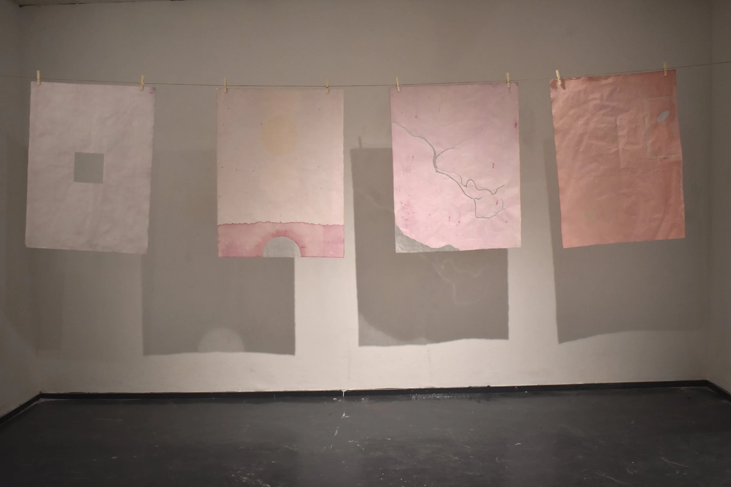 Home, 2025. Mulberry paper dyed with cochineal, monotype and tengucho paper repairs. 