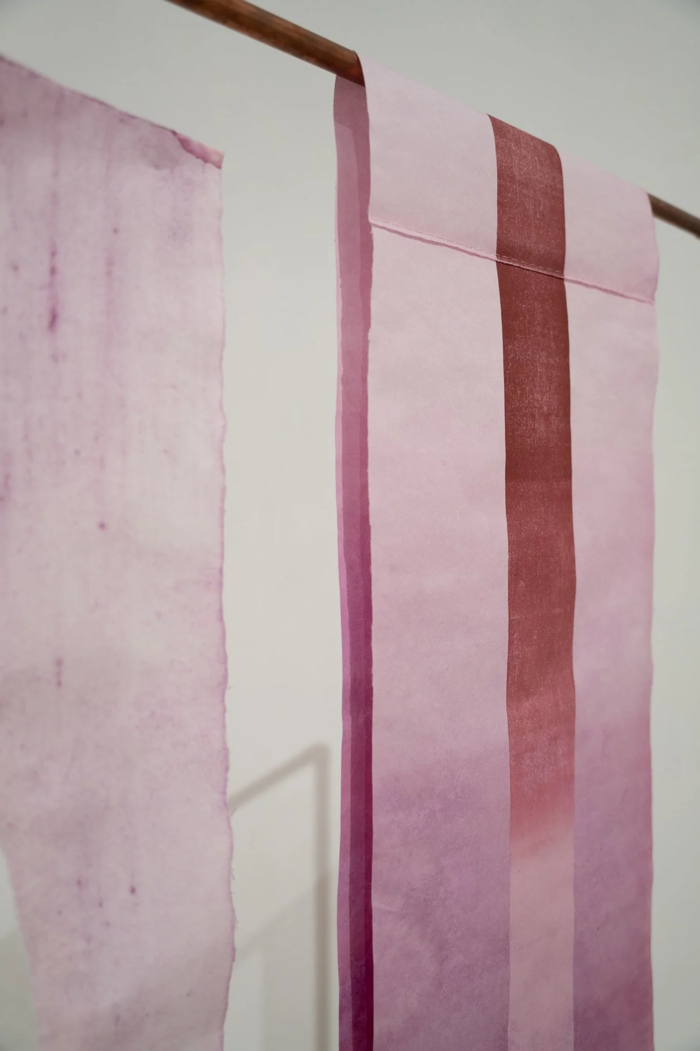 Path Carried by Time, 2025. Mulberry paper dyed with cochineal and indigo, monotype, hand stitching, tengucho paper repairs, copper structure · Main frame 4 ft × 6 ft; copper assembly extends to 11 ft