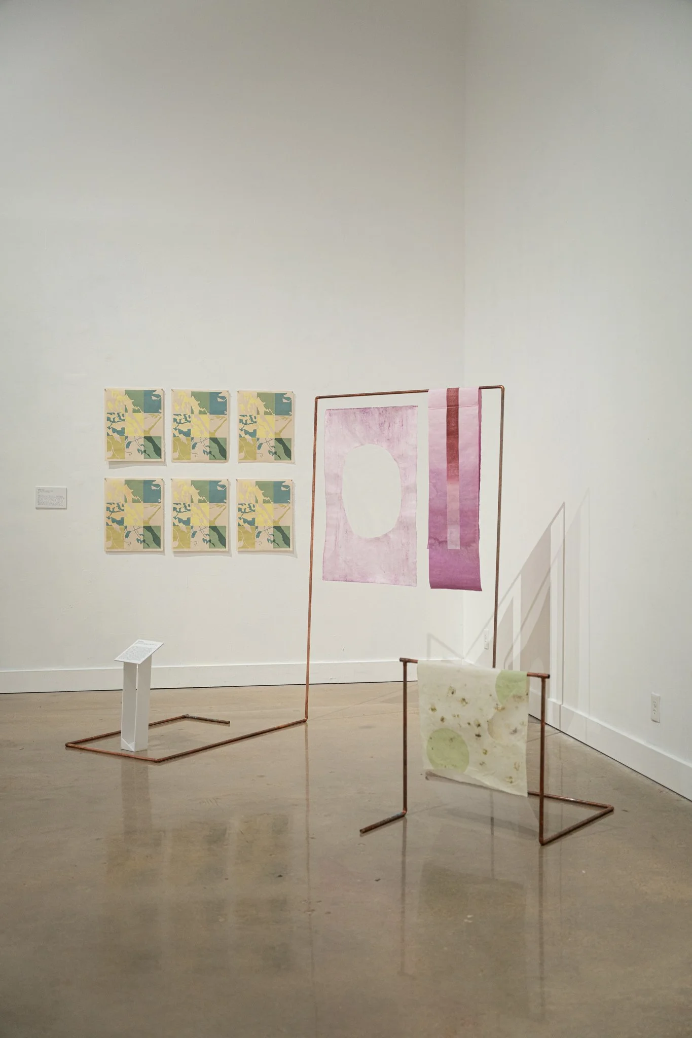 Path Carried by Time, 2025. Mulberry paper dyed with cochineal and indigo, monotype, hand stitching, tengucho paper repairs, copper structure · Main frame 4 ft × 6 ft; copper assembly extends to 11 ft