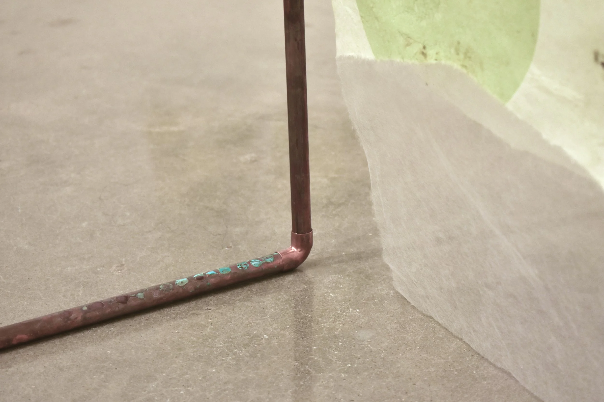 Path Carried by Time, 2025. Mulberry paper dyed with cochineal and indigo, monotype, hand stitching, tengucho paper repairs, copper structure  ·  Main frame 4 ft × 6 ft; copper assembly extends to 11 ft