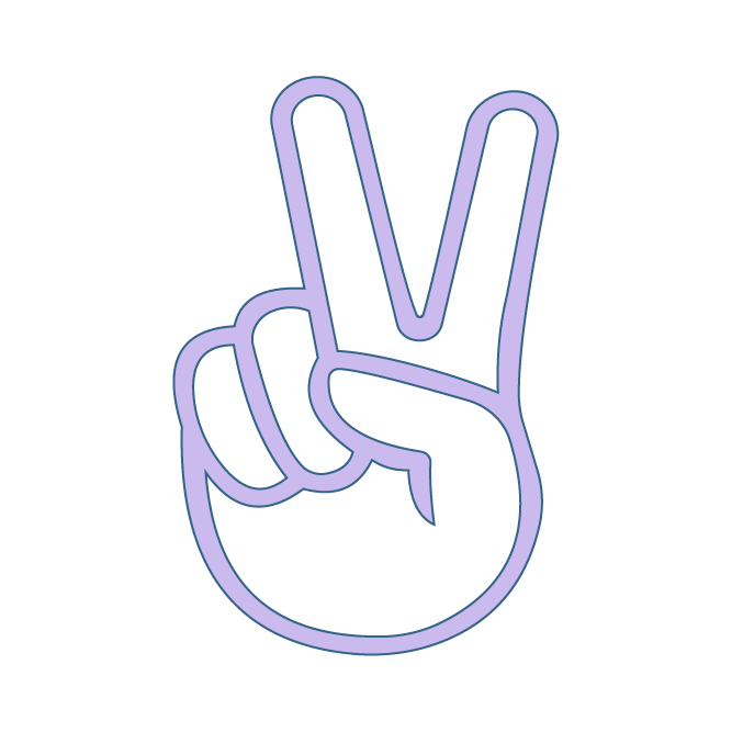 A neon sign of a hand making the peace sign against a black background.