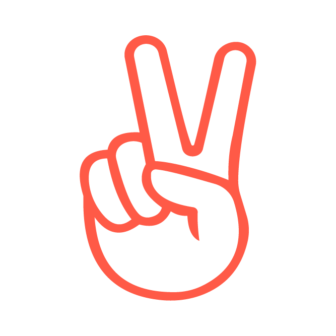 A neon-style illustration of a hand making a peace sign, outlined in red with a black background.