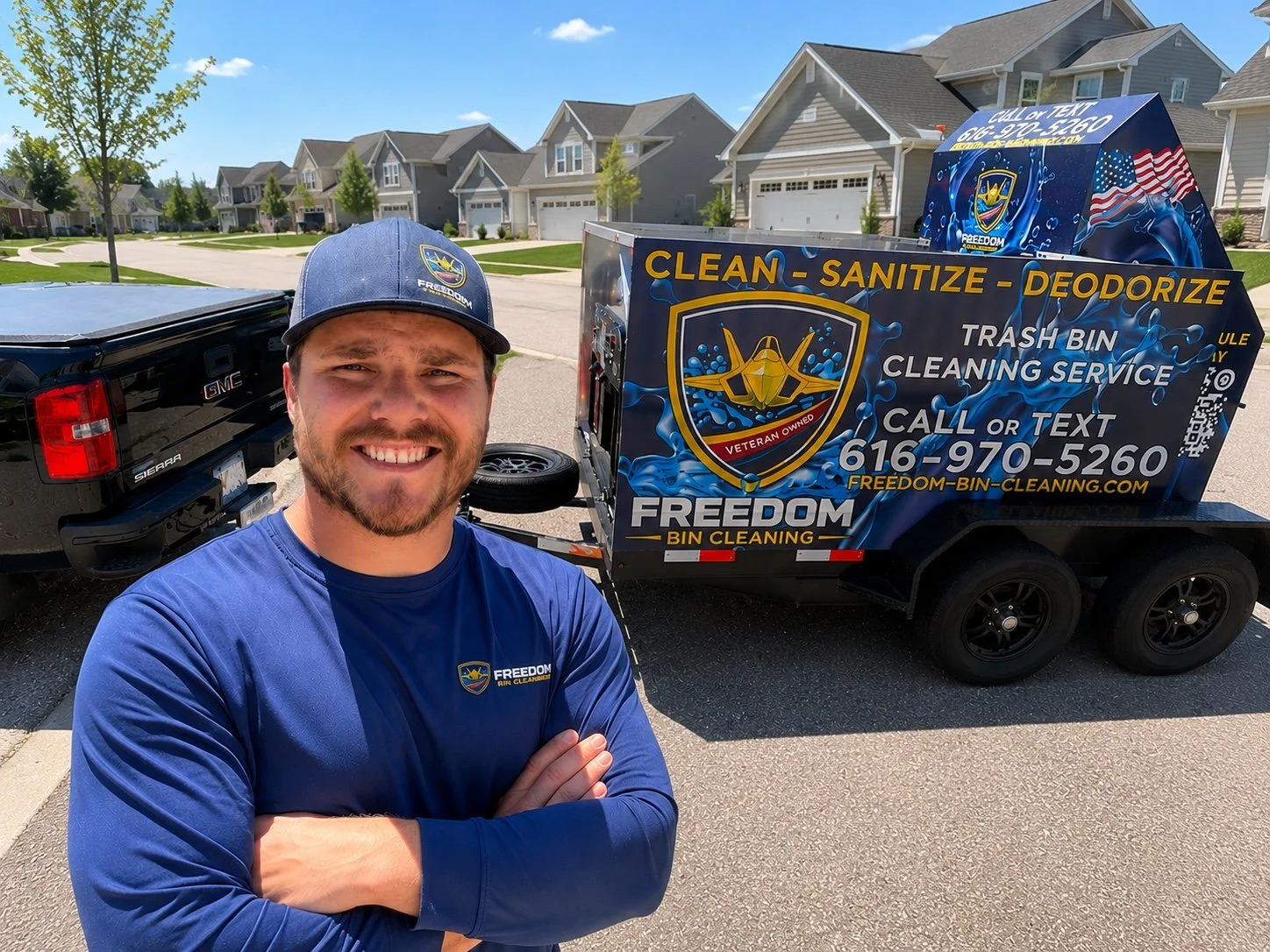 Jeff, veteran and owner of Freedom Bin Cleaning, with his bin cleaning trailer