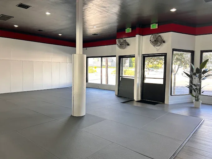 Empty martial arts or gym training room with padded floor, white walls, large windows, and two wall-mounted fans.