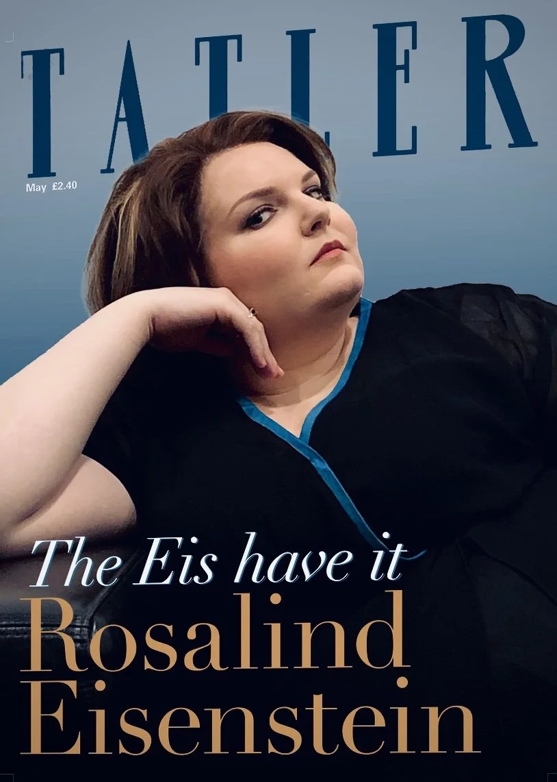 Close-up of a woman with brown hair, posing with a confident expression against a blue background. The magazine cover displays the title 'TALKER' and the headline 'The Eis have it Rosalind Eisenstein'.