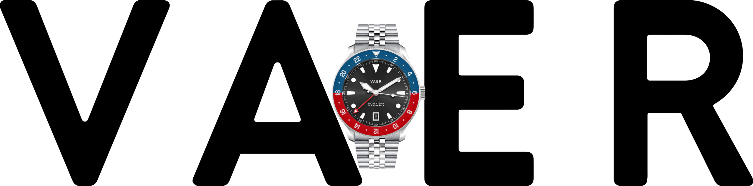 A wristwatch with a black dial, red and blue bezel, and a metal bracelet.