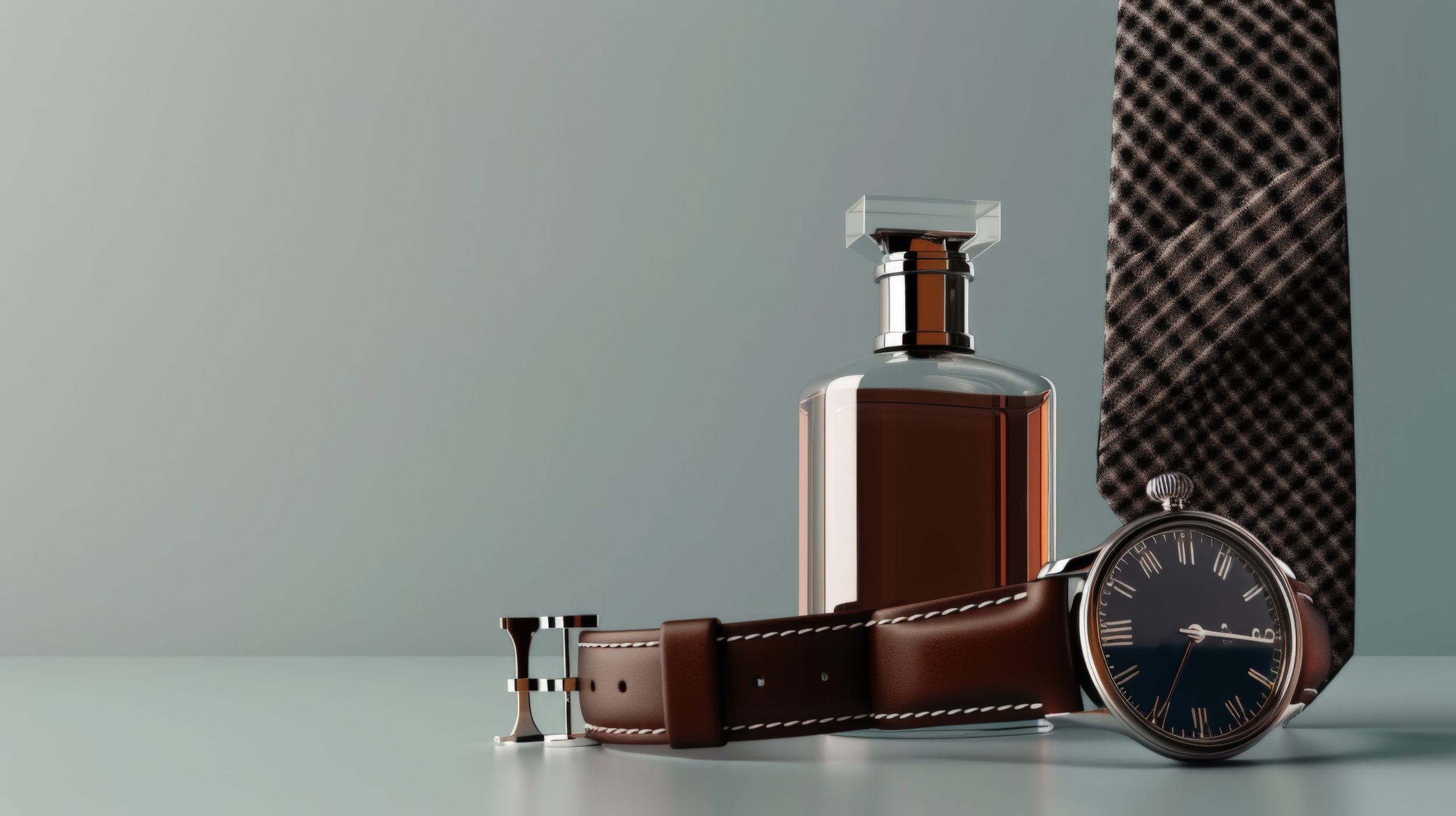 Close-up of luxury accessories including a wristwatch with a black dial and brown leather strap, a brown perfume bottle with a silver cap, and a textured black and gray box, all positioned on a light background.
