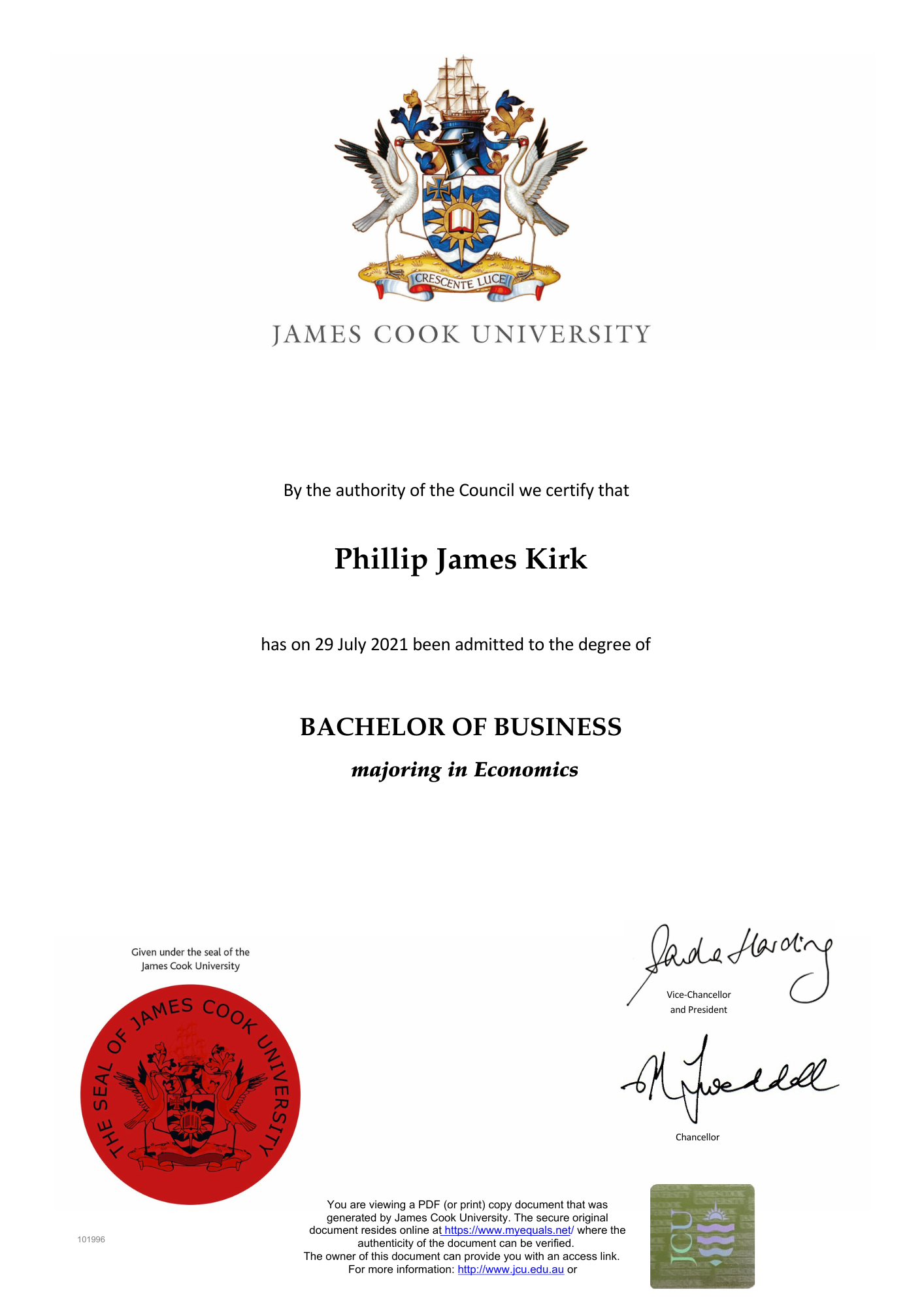 Bachelor of Business diploma certificate from James Cook University awarded to Phillip James Kirk, with university crest at the top, signatures at the bottom, and official seals.