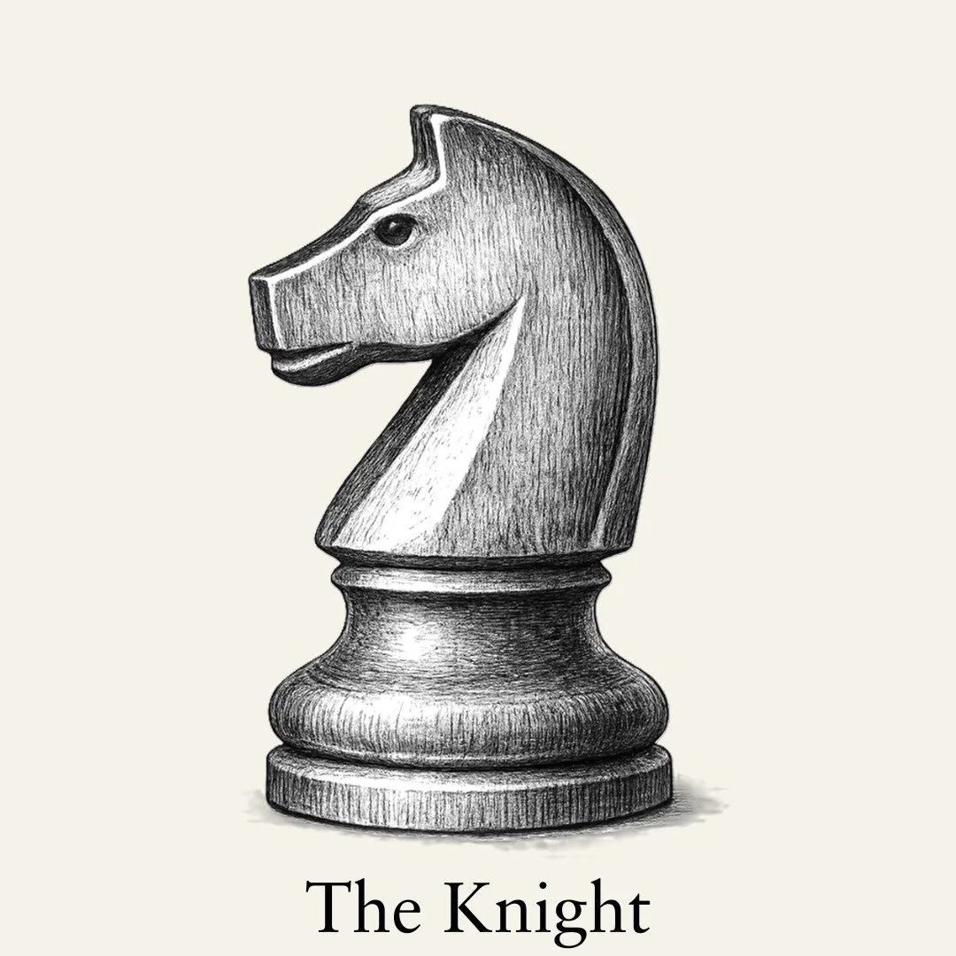 The Knight.

The only piece that flies.

It jumps two squares forward, backwards, left, or right.

Then it turns to the left or right one square.

It arrives.

#CorrespondenceChess
#ChessByPost
#ChessDesign
#PlayTheLongGame
#TheKnight