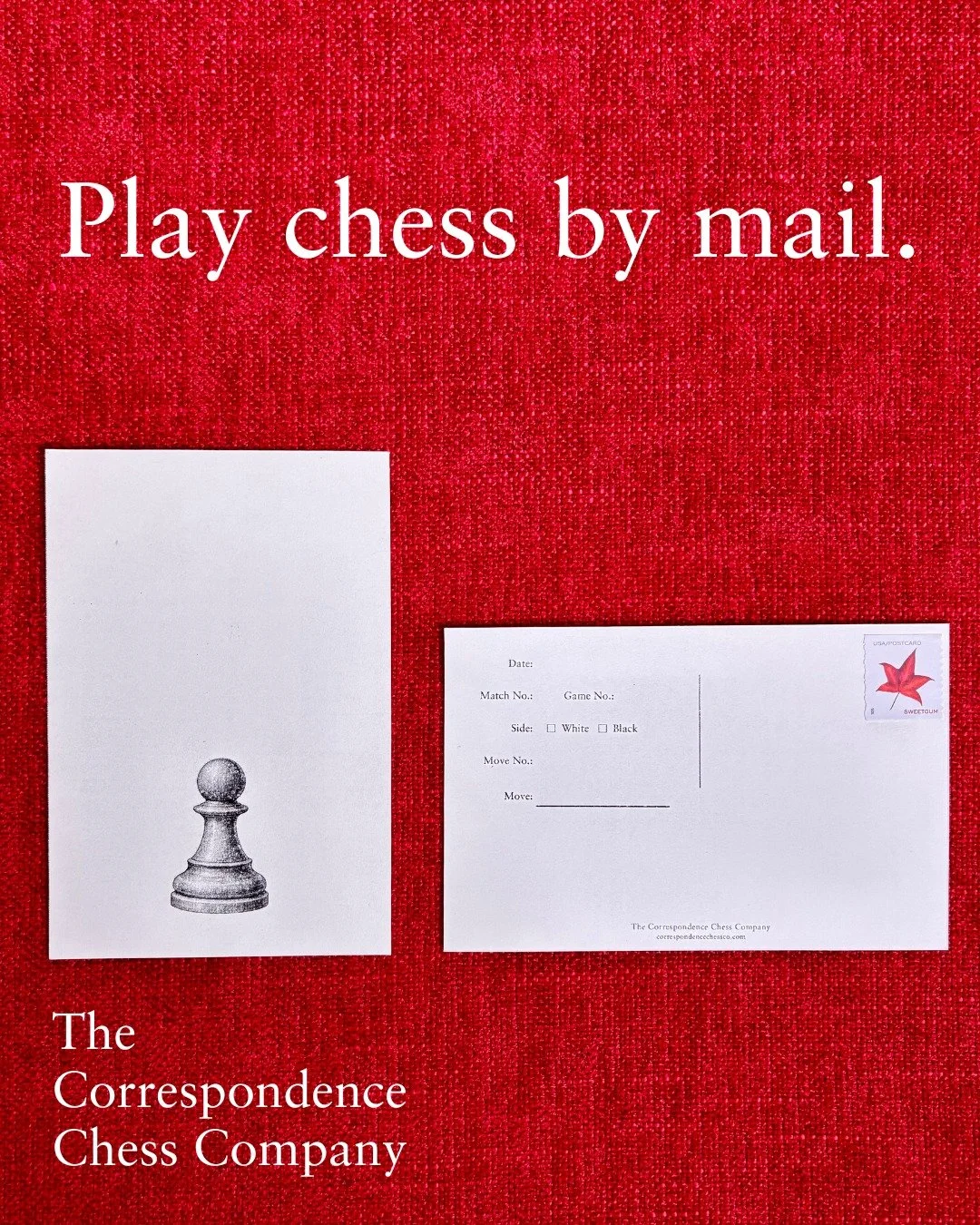 .
.
Pre-addressed move cards make correspondence play simple and effortless.

White makes the first move, places a stamp, and drops it in the mail. The game unfolds, move by move.

No envelopes.
No addressing.
No setup.

Play the long game.

♟️

#cor