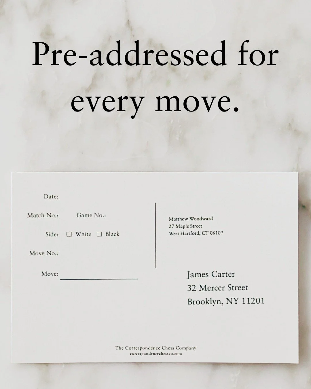 .
Custom, pre-addressed move cards for chess by post.

Printed on linen stock.
4 &times; 6 inches &mdash; standard postcard size.

Start a match at correspondencechessco.com

#chess 
#correspondencechess 
#analog 
#slowliving 
#design 
#stationery