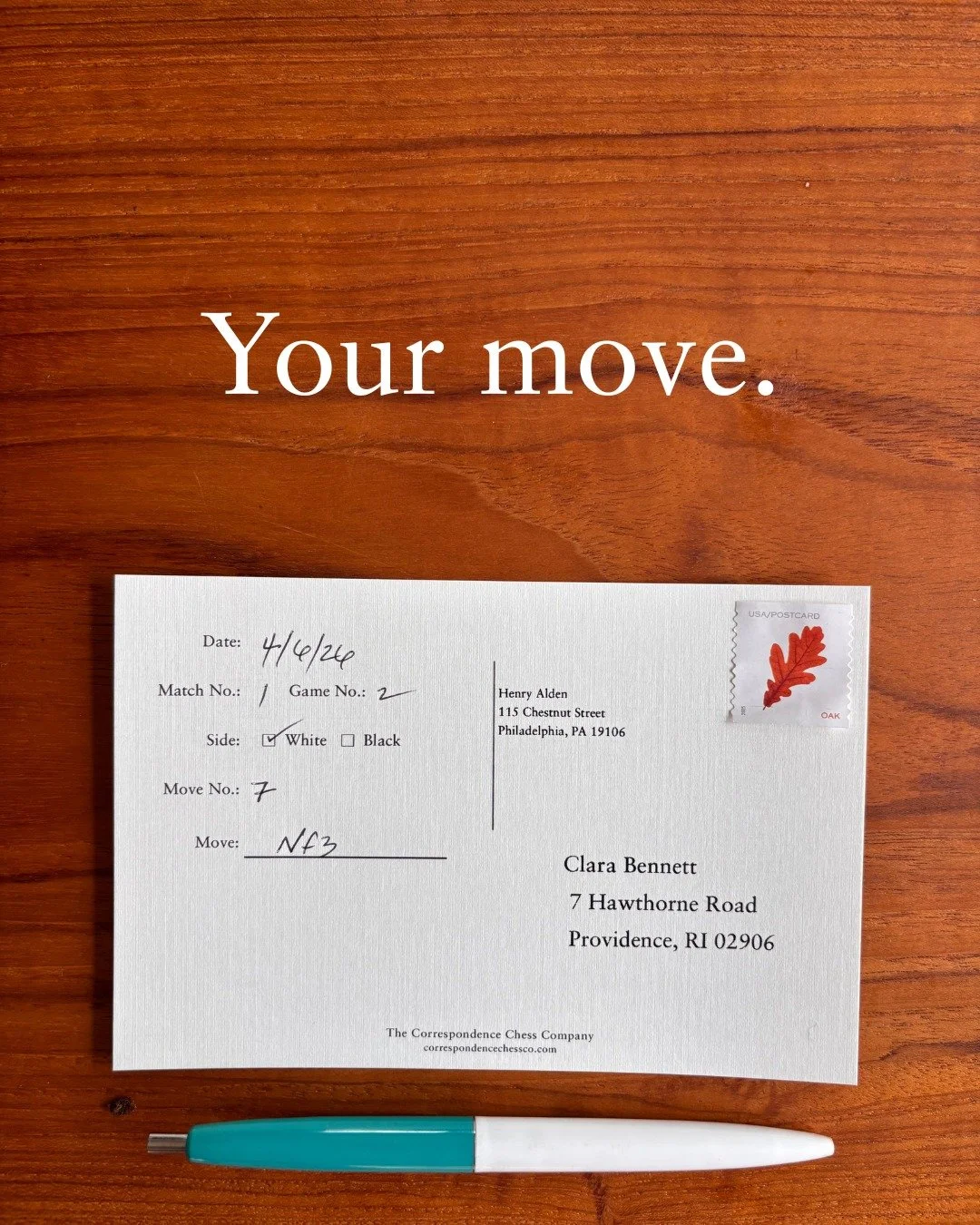 .
Play chess by mail with pre-addressed cards.

Write your move.
Stamp it.
Send it.

No envelopes.
No addressing.
No setup.

Start a match: correspondencechessco.com

#correspondencechess
#snailmail
#slowliving
#playthelonggame