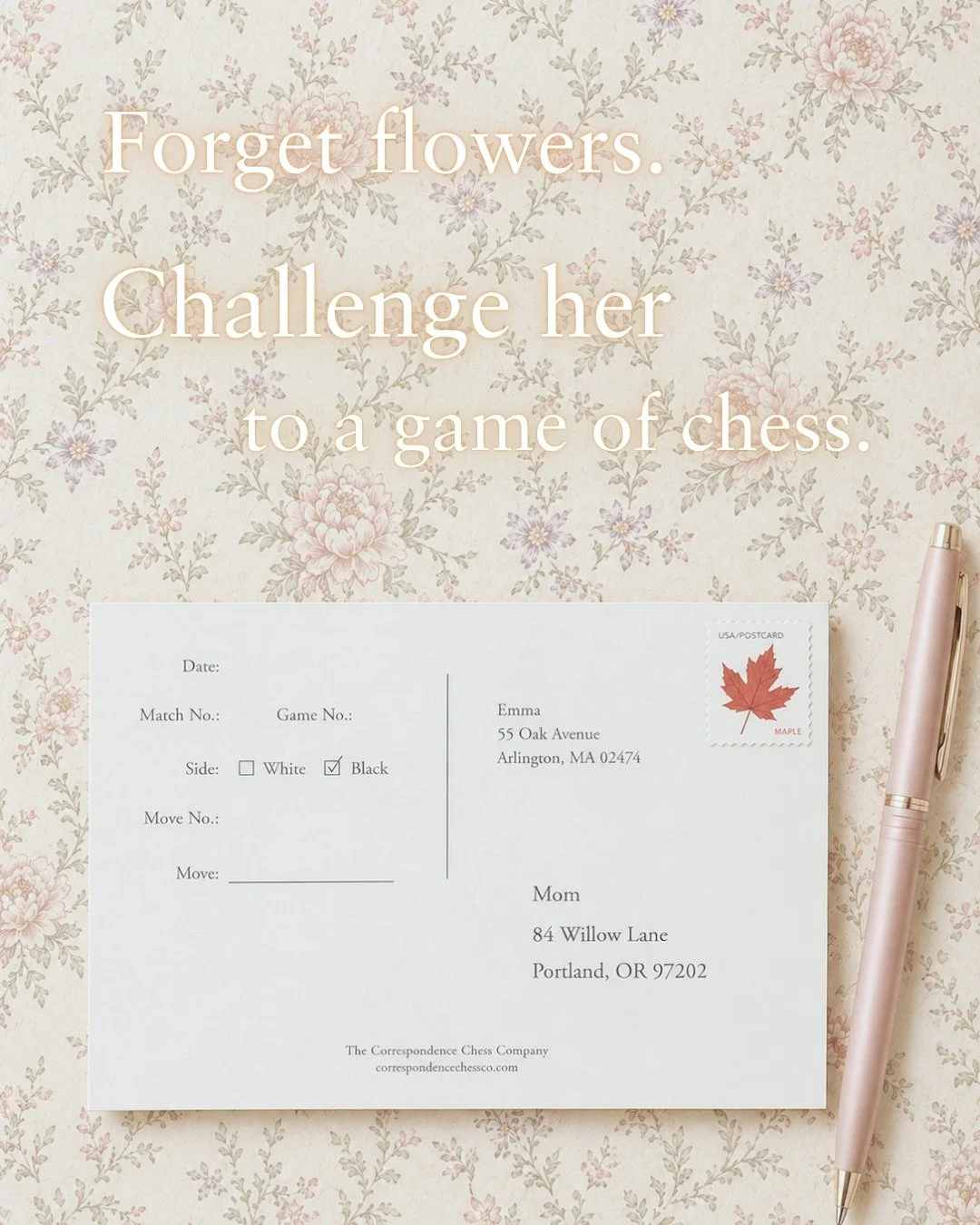 This Mother&rsquo;s Day, send something that lasts longer than a week.

Two decks.
Pre-addressed.
One move at a time.

Order by May 1 for delivery in time.

correspondencechessco.com

#mothersday
#playthelonggame
#correspondencechess
#chess
#analogli