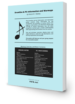 Book titled 'Drumming & Pi' with information on warmups and percussion instruments, featuring a black and white chart of drum patterns and techniques.