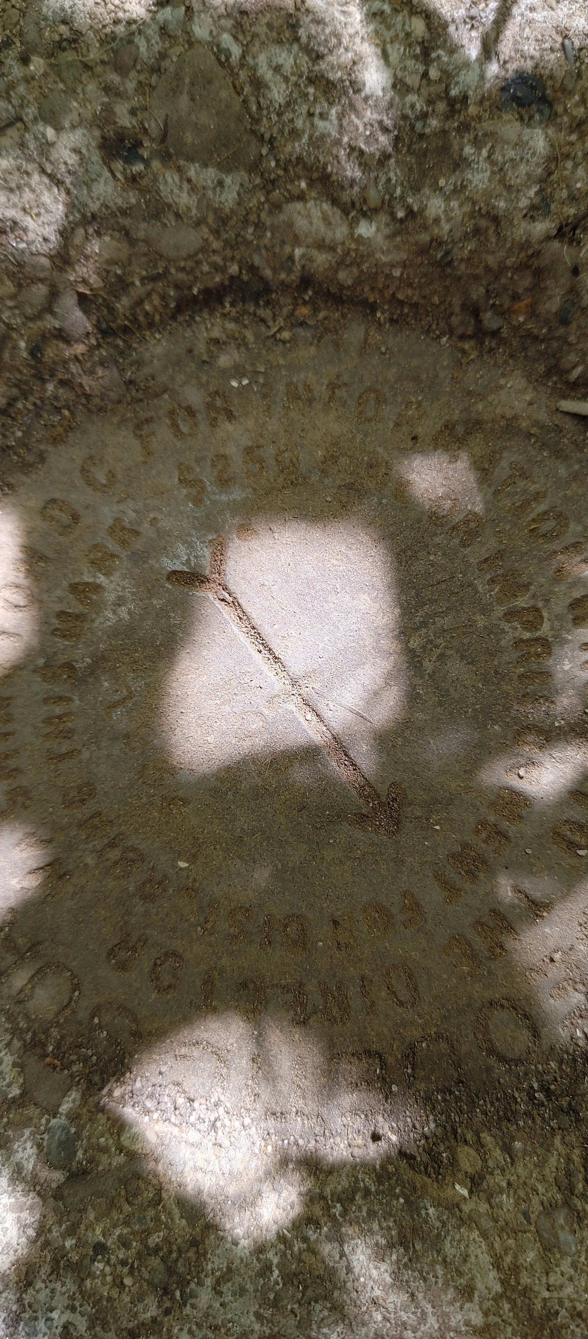 Close-up of a metal marker or survey monument embedded in the ground, partially covered with dirt, with an arrow pointing downward and faint engraved text surrounding it.