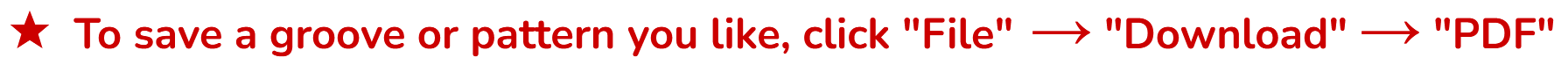Instruction on how to save a groove or pattern by navigating through menu options, indicating to click 'File,' then 'Download,' and then 'PDF'.