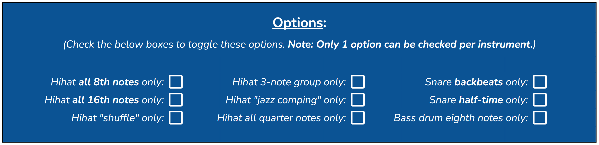 A blue table with options for toggling musical instrument sound settings, including checkboxes for hihat, snare, and bass drum, with instructions to select only one option per instrument.