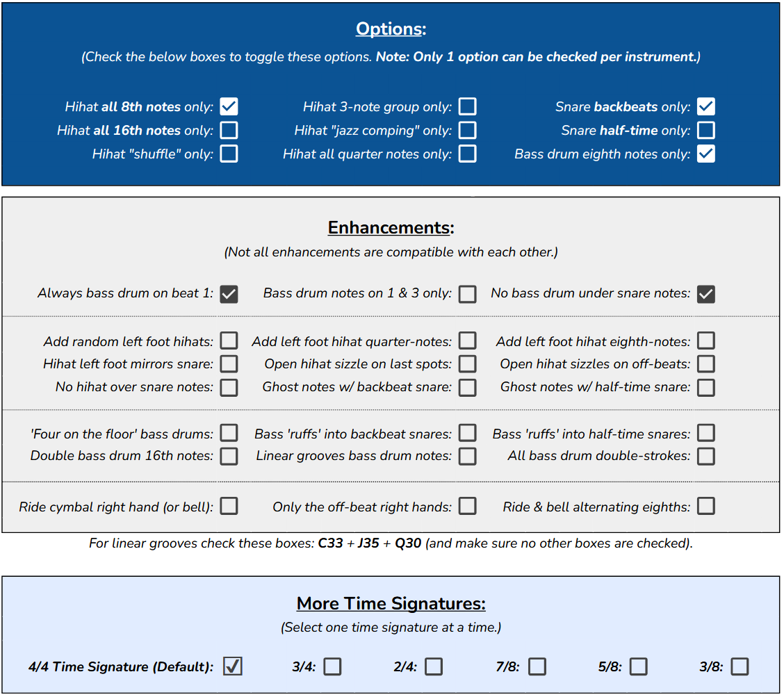Screenshot of a music instrument customization options form. It includes options for different drum and cymbal configurations, enhancements, and time signatures with checkboxes. The form has sections titled 'Options,' 'Enhancements,' and 'More Time Signatures'.
